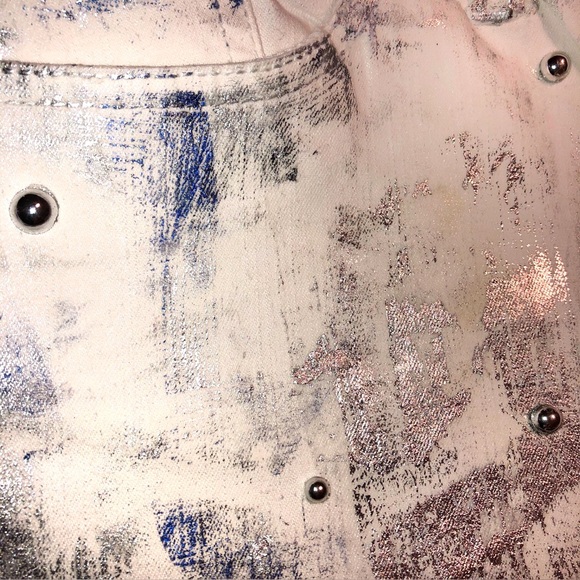 White Stretch Denim Silver Blue Metallic Foil Silver Studs Size 15 W34 X L26 NEW - Picture 9 of 12